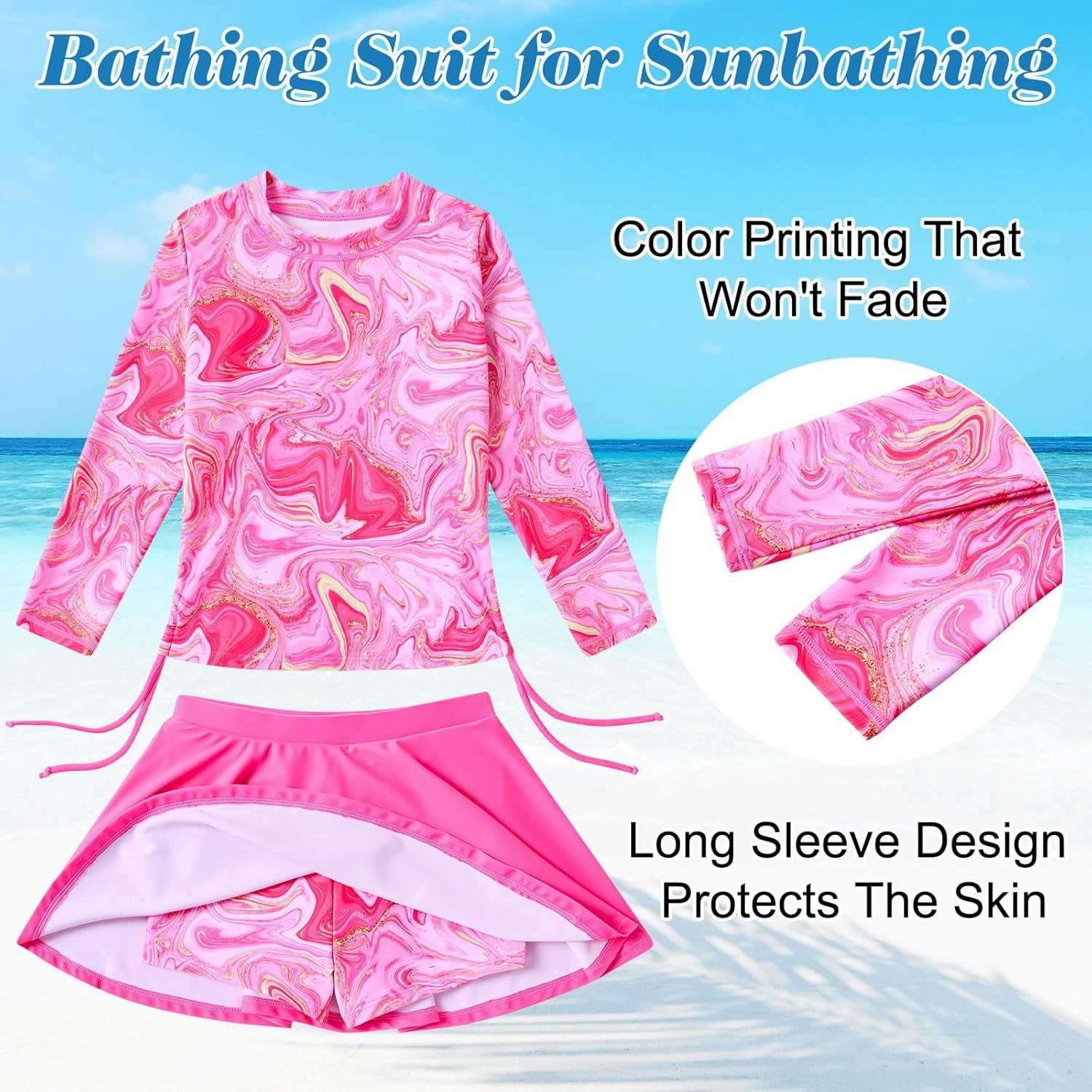 Funnycokid Girls Rash Guard Bathing Suit Long Sleeve Swimsuit 2 Pieces Swimming Skirt with Shorts Swimwear 3-12Y