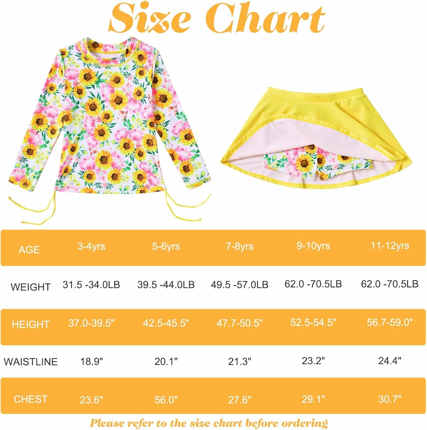 Funnycokid Girls Rash Guard Bathing Suit Long Sleeve Swimsuit 2 Pieces Swimming Skirt with Shorts Swimwear 3-12Y