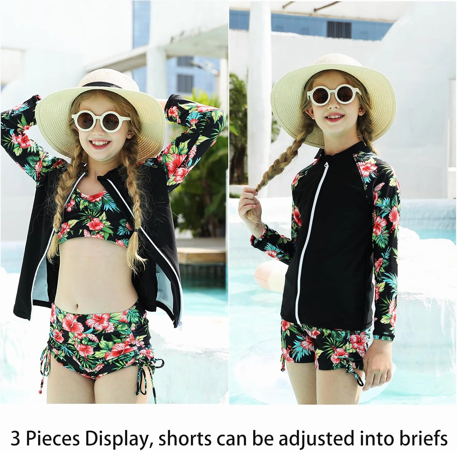 Funnycokid Girls Swimsuit 3 Pieces Zip Rash Guard Set Bikini Bathing Suits Boyshort Summer Kids Swimwear 3-12 Years
