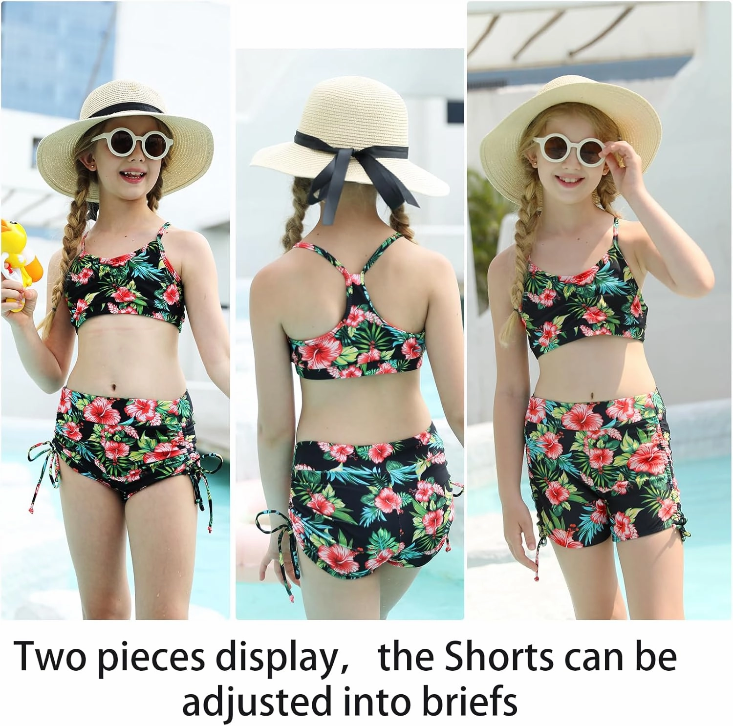 Funnycokid Girls Swimsuit 3 Pieces Zip Rash Guard Set Bikini Bathing Suits Boyshort Summer Kids Swimwear 3-12 Years