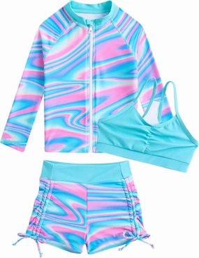 Funnycokid Girls Swimsuit 3 Pieces Zip Rash Guard Set Bikini Bathing Suits Boyshort Summer Kids Swimwear 3-12 Years