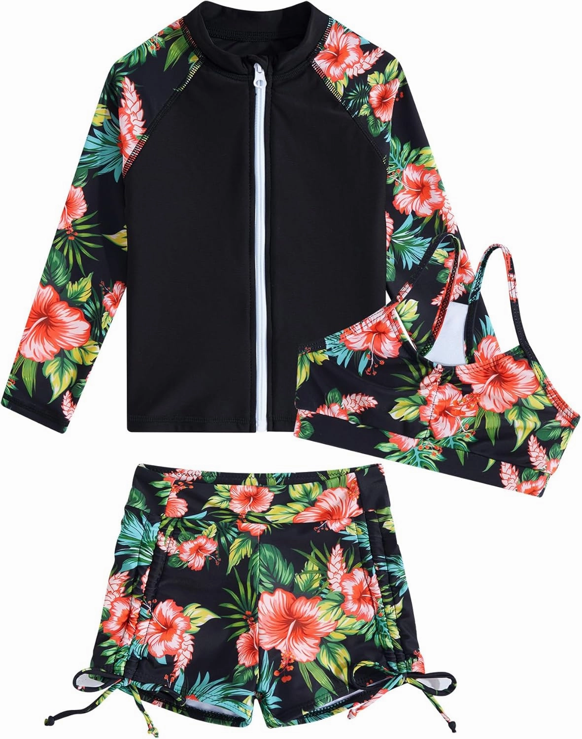 Funnycokid Girls Swimsuit 3 Pieces Zip Rash Guard Set Bikini Bathing Suits Boyshort Summer Kids Swimwear 3-12 Years