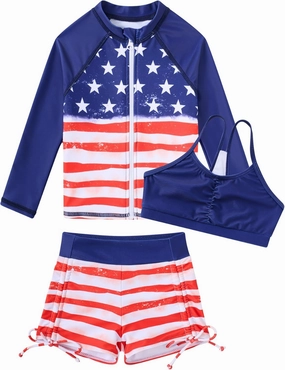 Funnycokid Girls Swimsuit 3 Pieces Zip Rash Guard Set Bikini Bathing Suits Boyshort Summer Kids Swimwear 3-12 Years