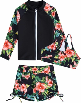 Funnycokid Girls Swimsuit 3 Pieces Zip Rash Guard Set Bikini Bathing Suits Boyshort Summer Kids Swimwear 3-12 Years