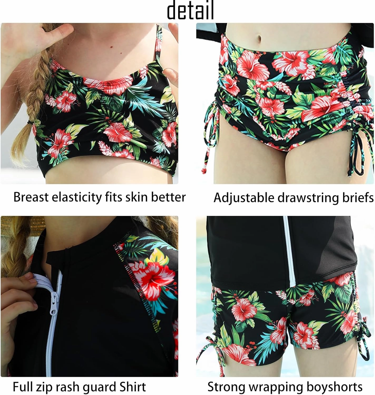 Funnycokid Girls Swimsuit 3 Pieces Zip Rash Guard Set Bikini Bathing Suits Boyshort Summer Kids Swimwear 3-12 Years