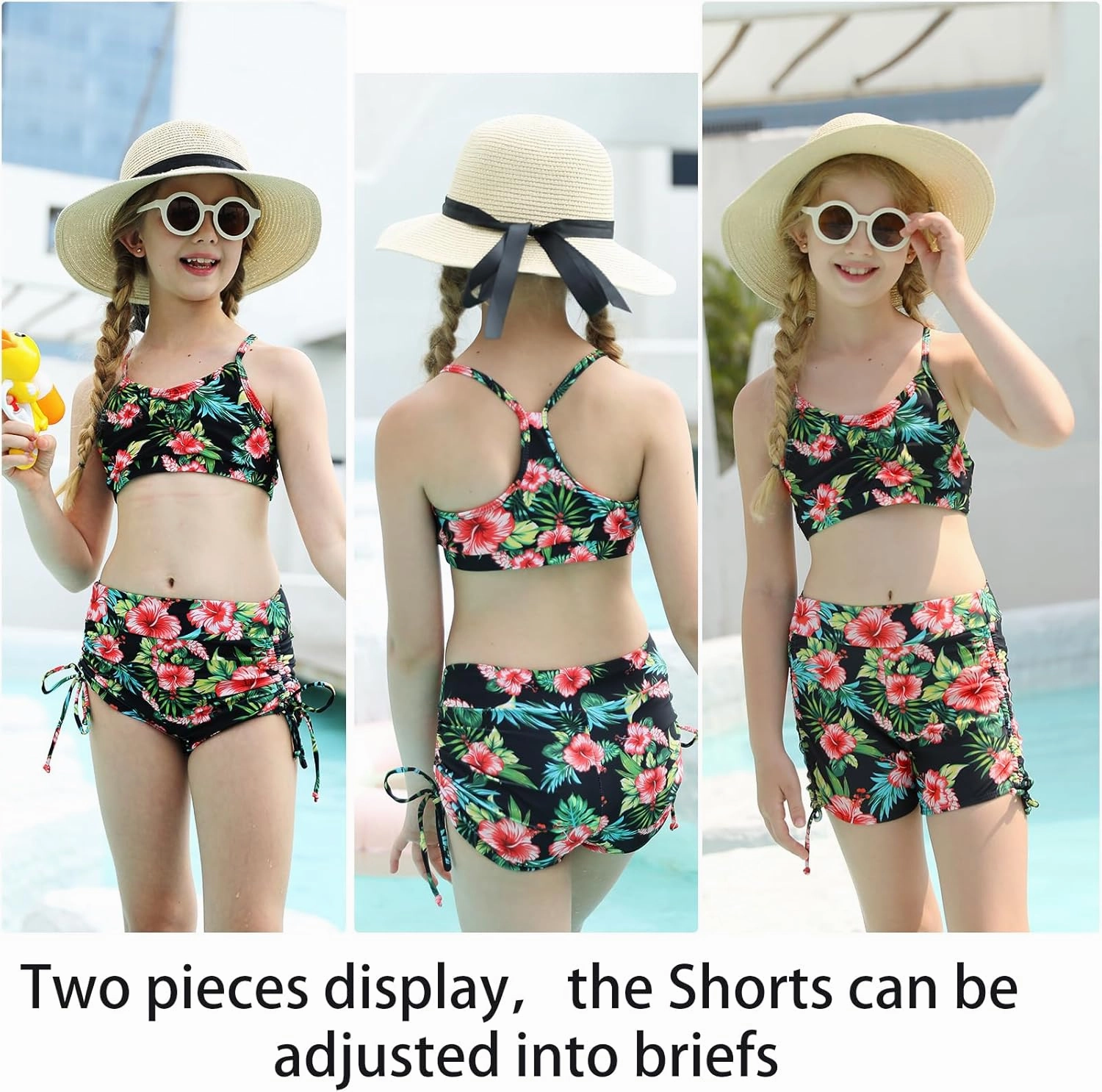 Funnycokid Girls Swimsuit 3 Pieces Zip Rash Guard Set Bikini Bathing Suits Boyshort Summer Kids Swimwear 3-12 Years