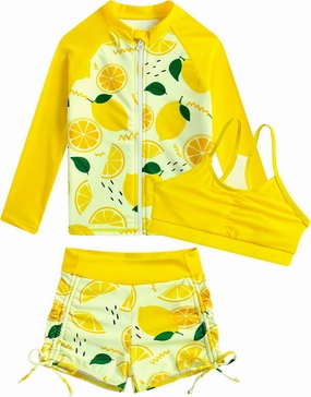 Funnycokid Girls Swimsuit 3 Pieces Zip Rash Guard Set Bikini Bathing Suits Boyshort Summer Kids Swimwear 3-12 Years