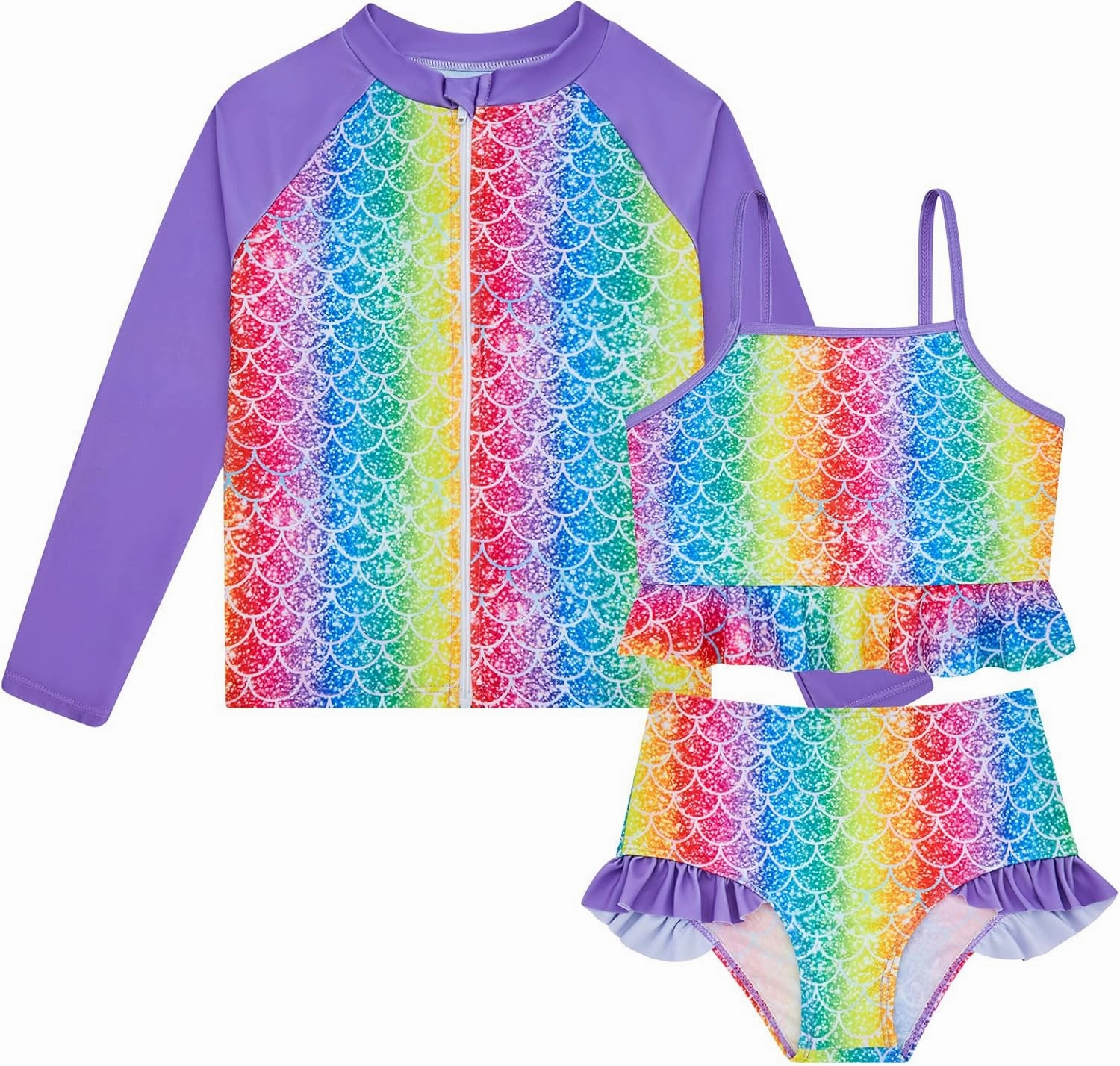 Funnycokid Girls Swimsuit Kids Bathing Suit 3-7 Years Rashguard Swimwear Long Sleeve 3 Piece Toddler