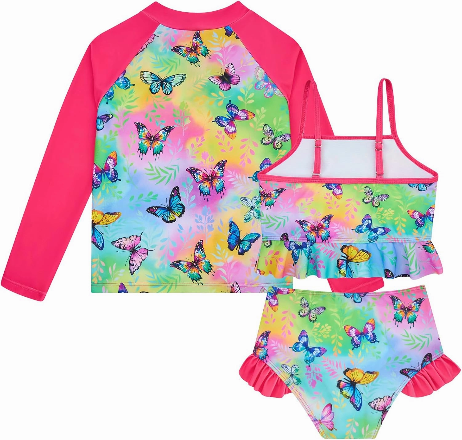 Funnycokid Girls Swimsuit Kids Bathing Suit 3-7 Years Rashguard Swimwear Long Sleeve 3 Piece Toddler