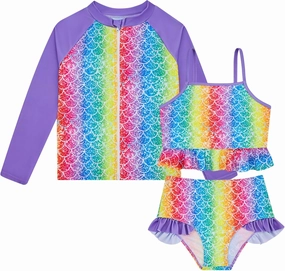 Funnycokid Girls Swimsuit Kids Bathing Suit 3-7 Years Rashguard Swimwear Long Sleeve 3 Piece Toddler