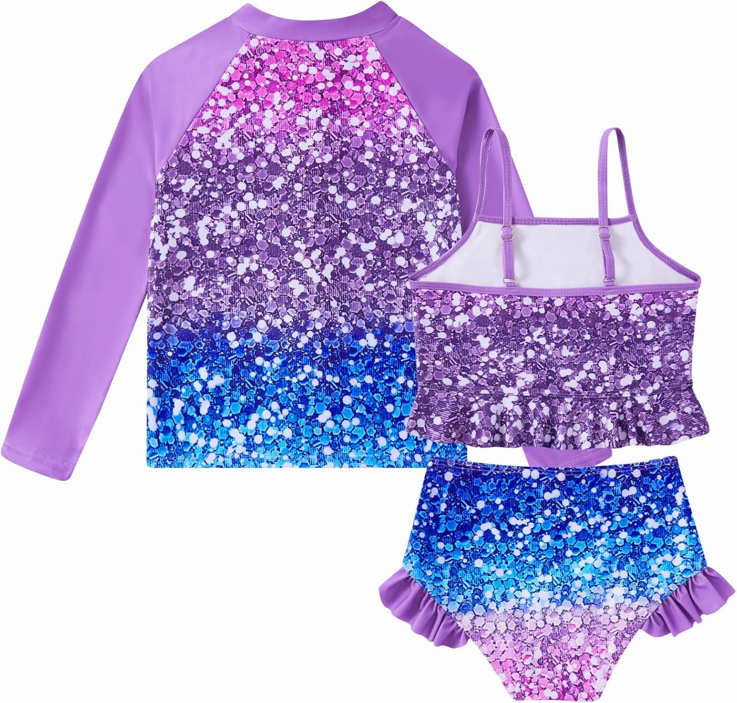 Funnycokid Girls Swimsuit Kids Bathing Suit 3-7 Years Rashguard Swimwear Long Sleeve 3 Piece Toddler
