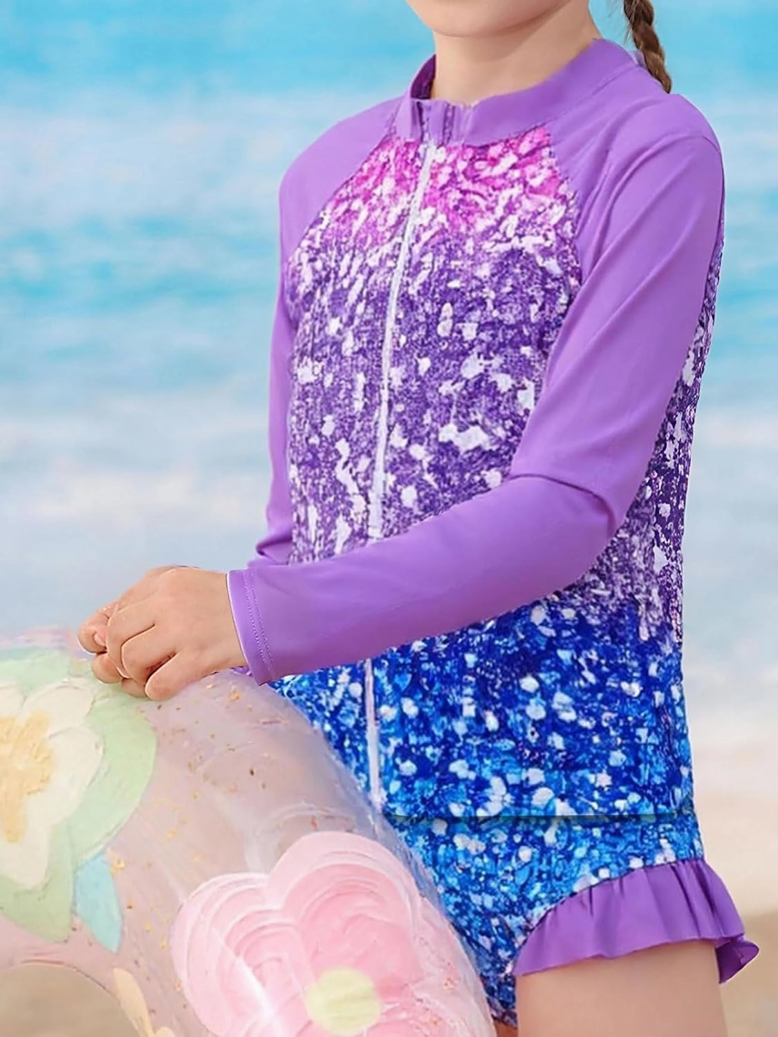 Funnycokid Girls Swimsuit Kids Bathing Suit 3-7 Years Rashguard Swimwear Long Sleeve 3 Piece Toddler