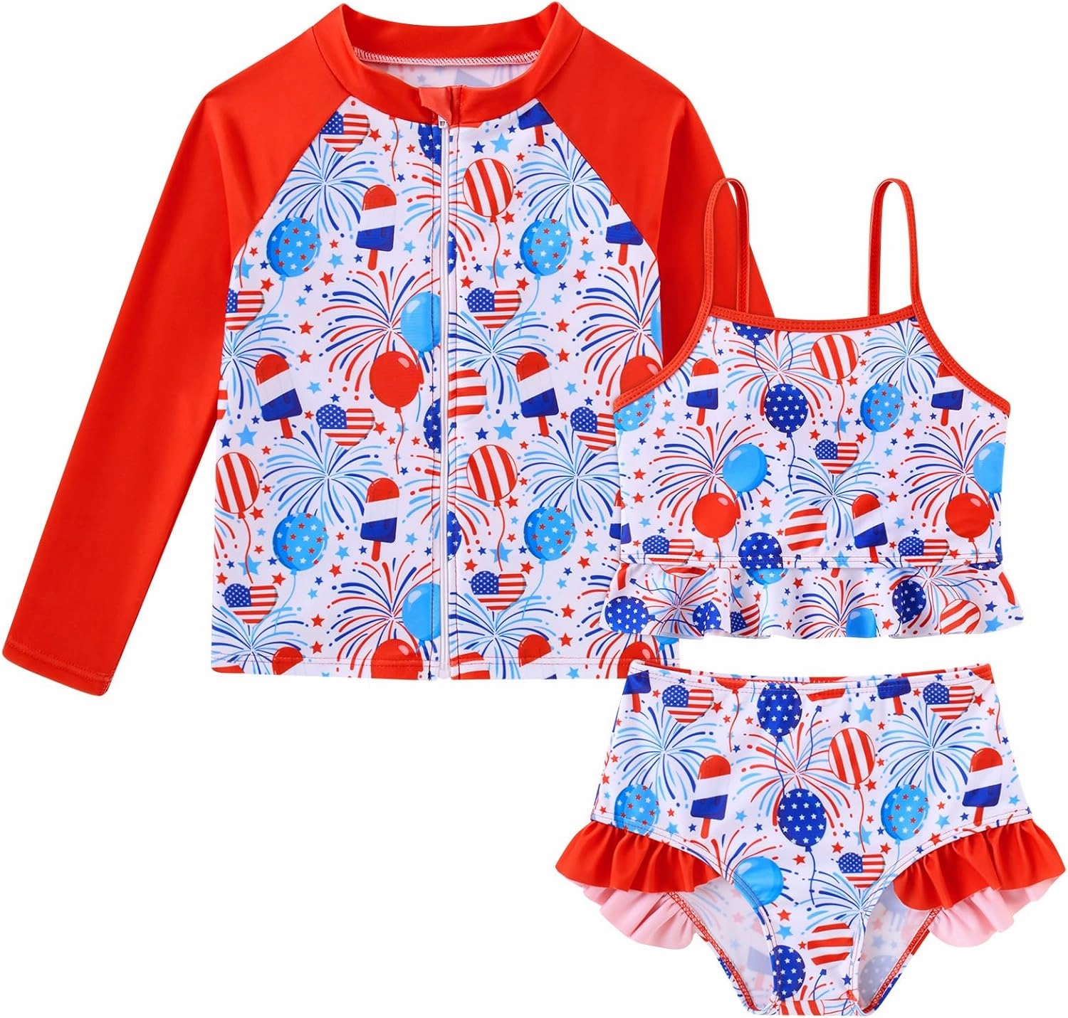 Funnycokid Girls Swimsuit Kids Bathing Suit 3-7 Years Rashguard Swimwear Long Sleeve 3 Piece Toddler