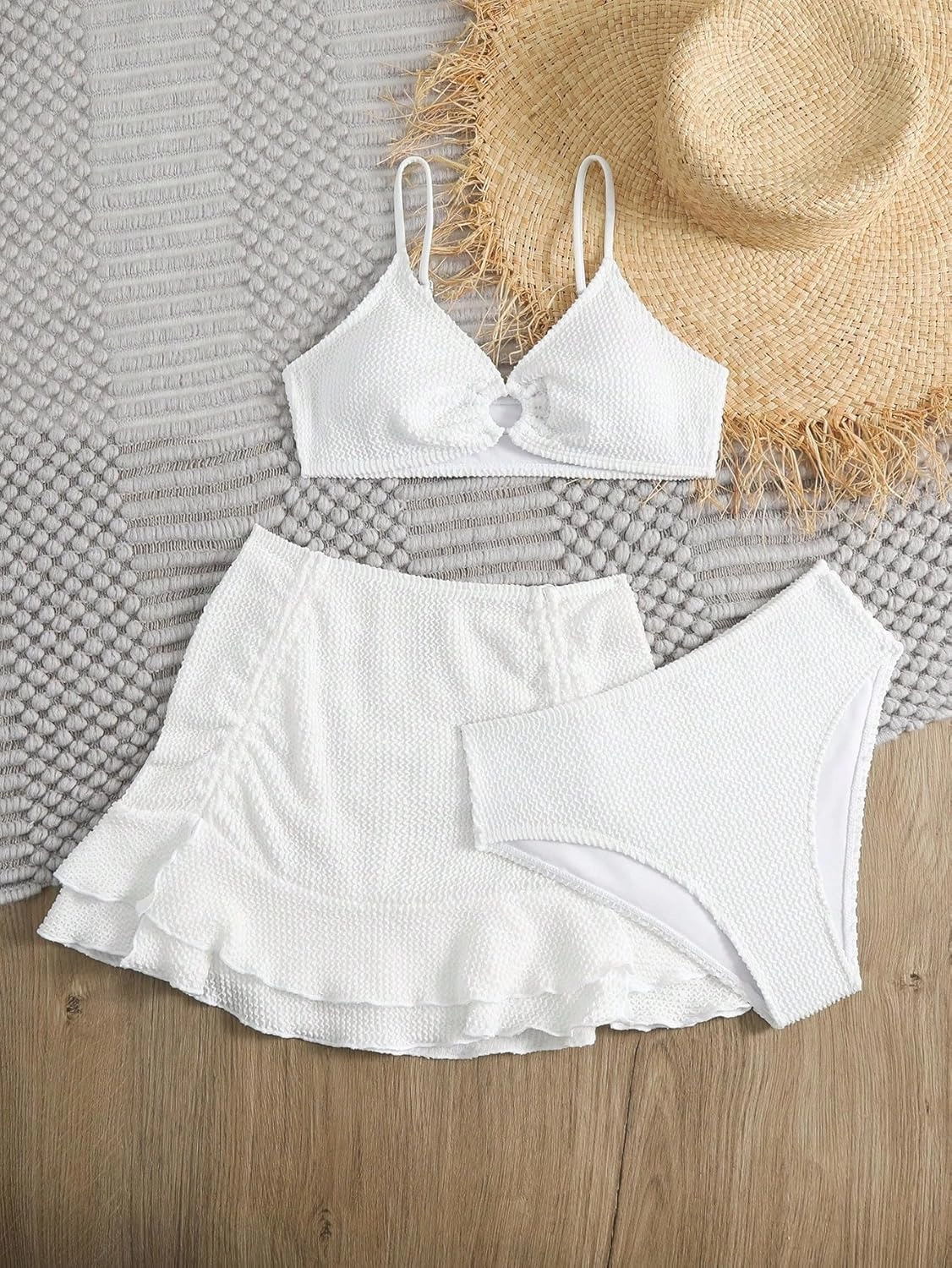 Girl's 3 Piece Bikini Sets High Waisted O Ring Wireless Swimsuits Bathing Suit with Cover Up Skirts