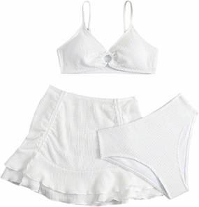 Girl's 3 Piece Bikini Sets High Waisted O Ring Wireless Swimsuits Bathing Suit with Cover Up Skirts