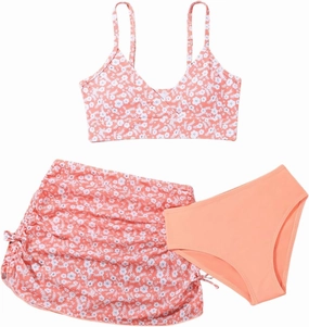 Girl's 3 Piece Floral Swimsuit Cute V Neck Bikini Set High Waisted Bathing Suit Sheer Mesh Cover Up Skirt