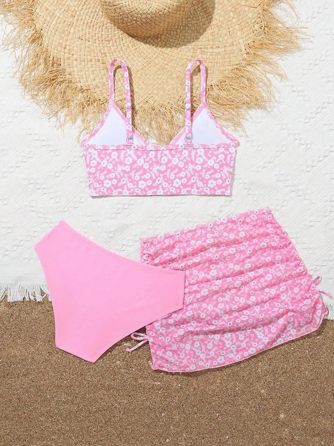 Girl's 3 Piece Floral Swimsuit Cute V Neck Bikini Set High Waisted Bathing Suit Sheer Mesh Cover Up Skirt