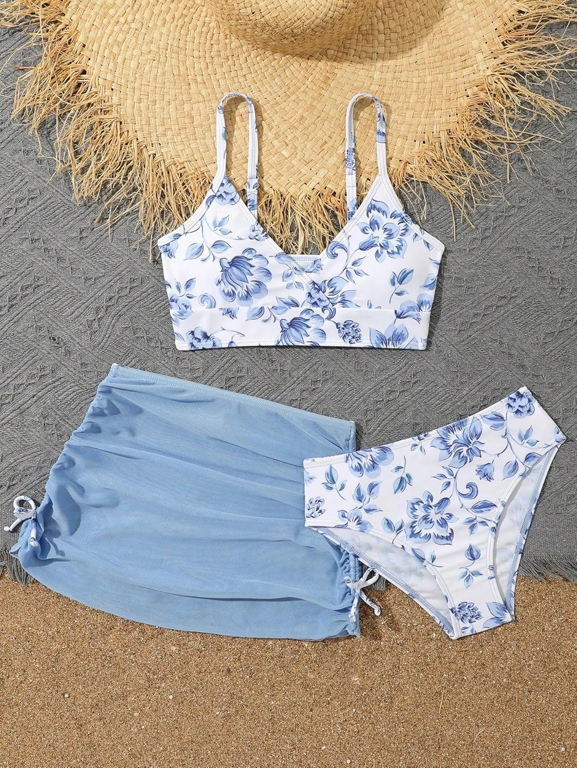 Girl's 3 Piece Floral Swimsuit Cute V Neck Bikini Set High Waisted Bathing Suit Sheer Mesh Cover Up Skirt