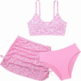 Girl's 3 Piece Floral Swimsuit Cute V Neck Bikini Set High Waisted Bathing Suit Sheer Mesh Cover Up Skirt