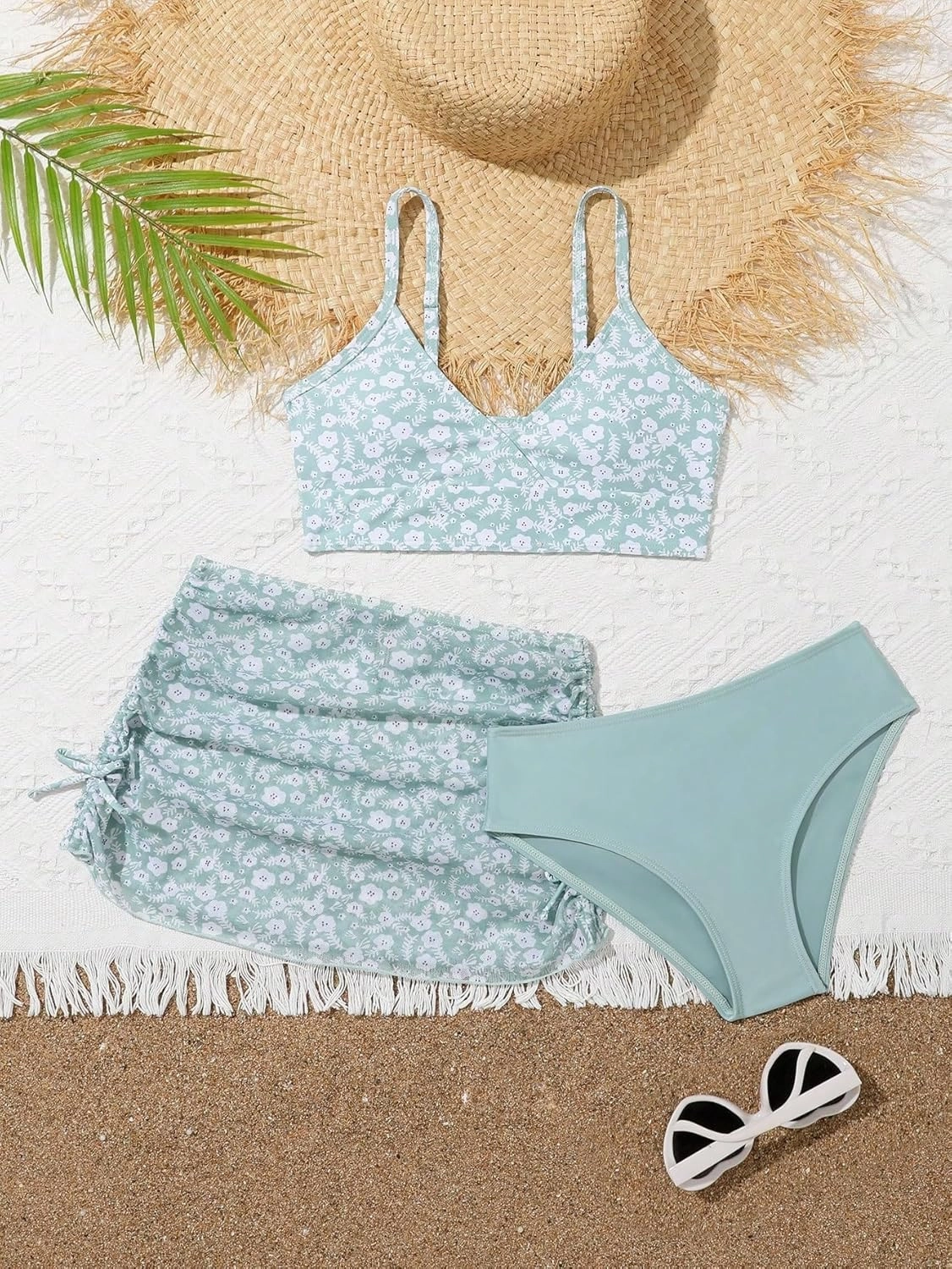 Girl's 3 Piece Floral Swimsuit Cute V Neck Bikini Set High Waisted Bathing Suit Sheer Mesh Cover Up Skirt