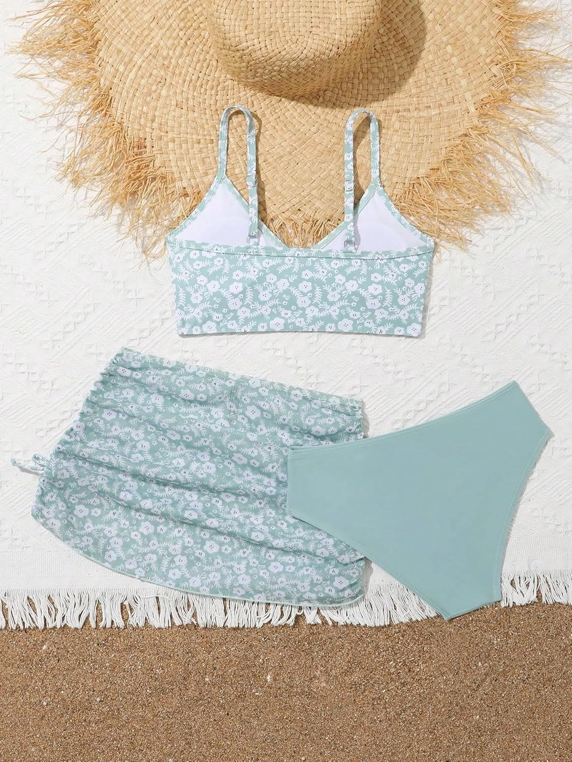 Girl's 3 Piece Floral Swimsuit Cute V Neck Bikini Set High Waisted Bathing Suit Sheer Mesh Cover Up Skirt