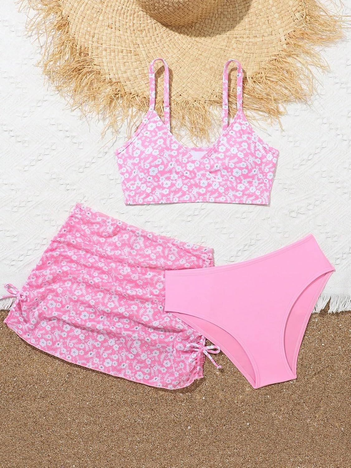 Girl's 3 Piece Floral Swimsuit Cute V Neck Bikini Set High Waisted Bathing Suit Sheer Mesh Cover Up Skirt