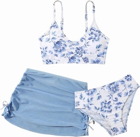 Girl's 3 Piece Floral Swimsuit Cute V Neck Bikini Set High Waisted Bathing Suit Sheer Mesh Cover Up Skirt