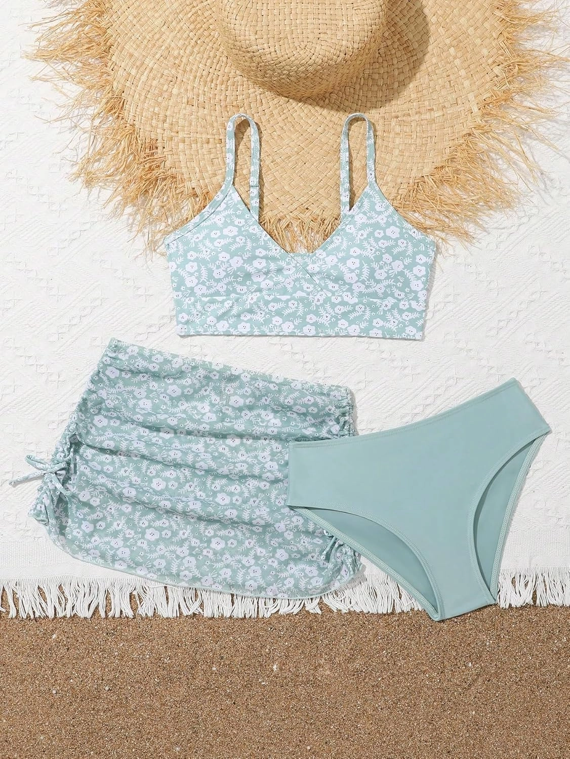 Girl's 3 Piece Floral Swimsuit Cute V Neck Bikini Set High Waisted Bathing Suit Sheer Mesh Cover Up Skirt