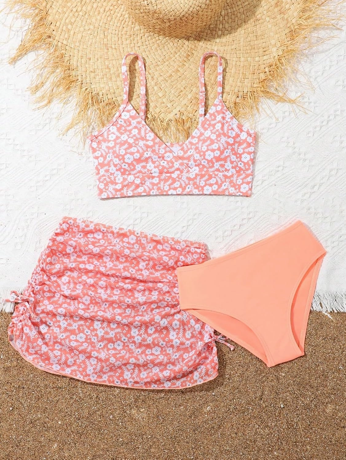 Girl's 3 Piece Floral Swimsuit Cute V Neck Bikini Set High Waisted Bathing Suit Sheer Mesh Cover Up Skirt