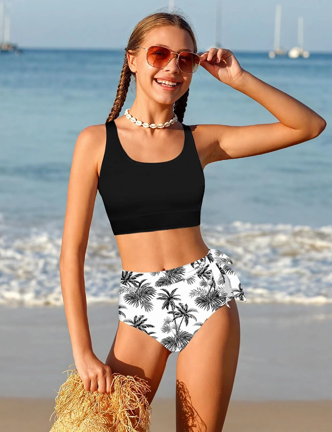 Girl Swimsuit Bikini Set Tropical Print Bathing Suit Two Piece Girls' Swimwear with Tie Side Knot 9-16T