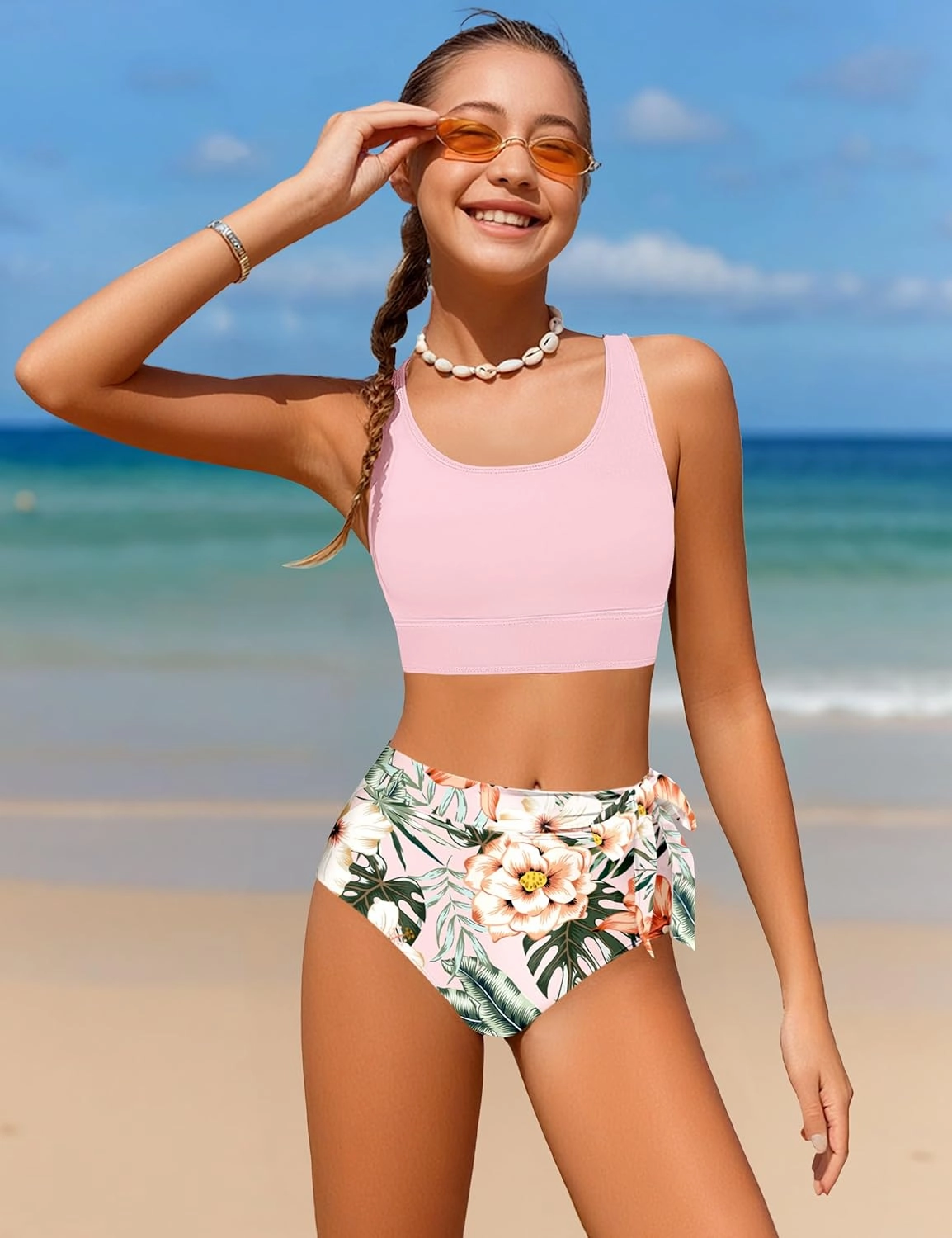 Girl Swimsuit Bikini Set Tropical Print Bathing Suit Two Piece Girls' Swimwear with Tie Side Knot 9-16T