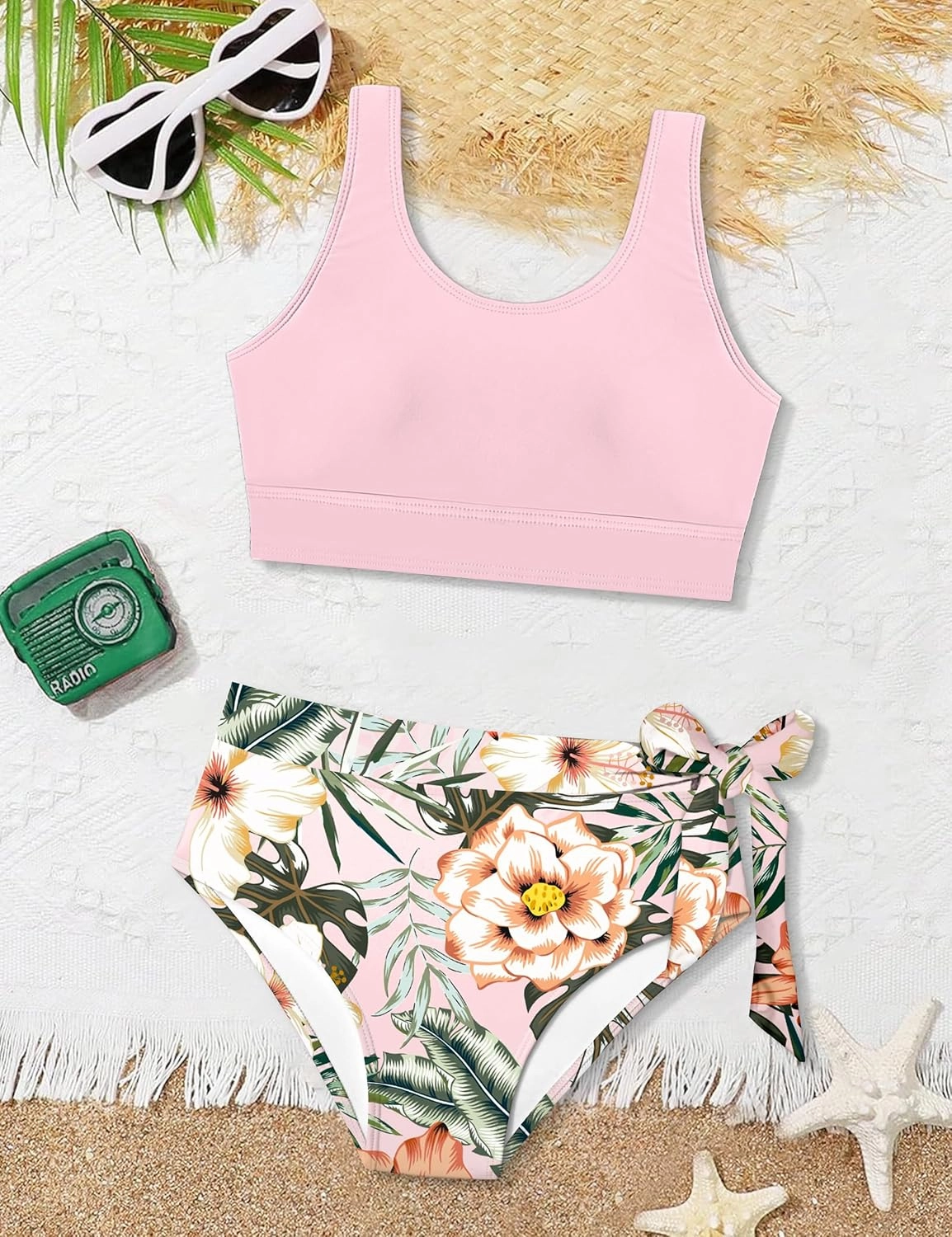 Girl Swimsuit Bikini Set Tropical Print Bathing Suit Two Piece Girls' Swimwear with Tie Side Knot 9-16T