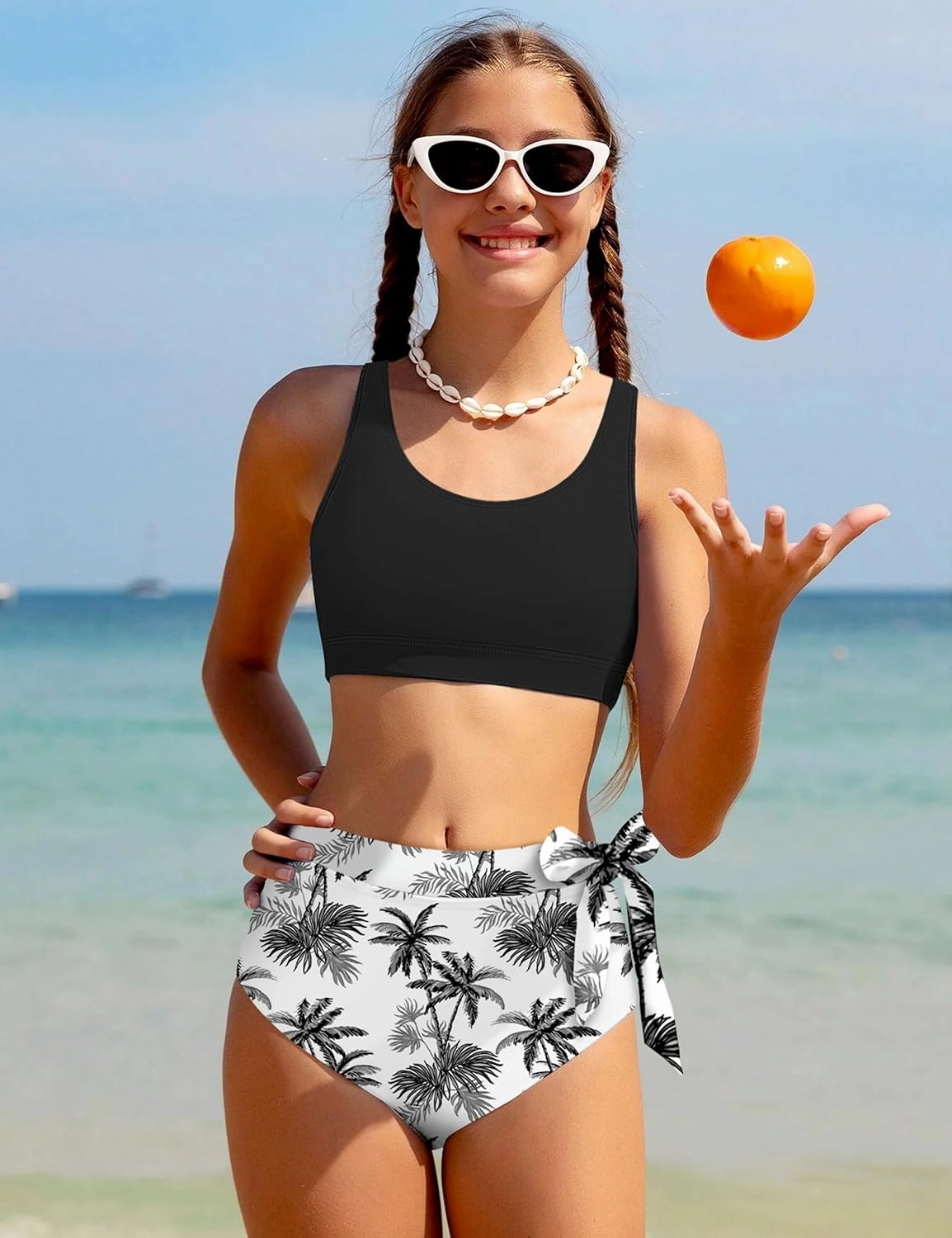 Girl Swimsuit Bikini Set Tropical Print Bathing Suit Two Piece Girls' Swimwear with Tie Side Knot 9-16T