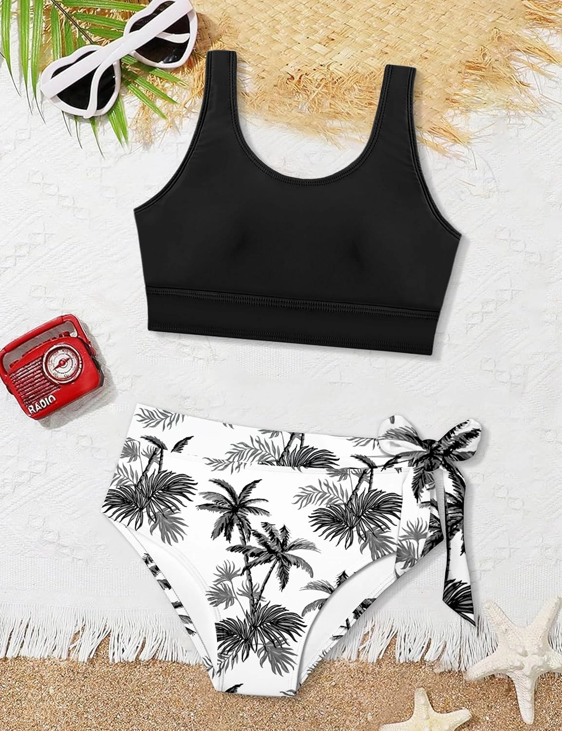 Girl Swimsuit Bikini Set Tropical Print Bathing Suit Two Piece Girls' Swimwear with Tie Side Knot 9-16T