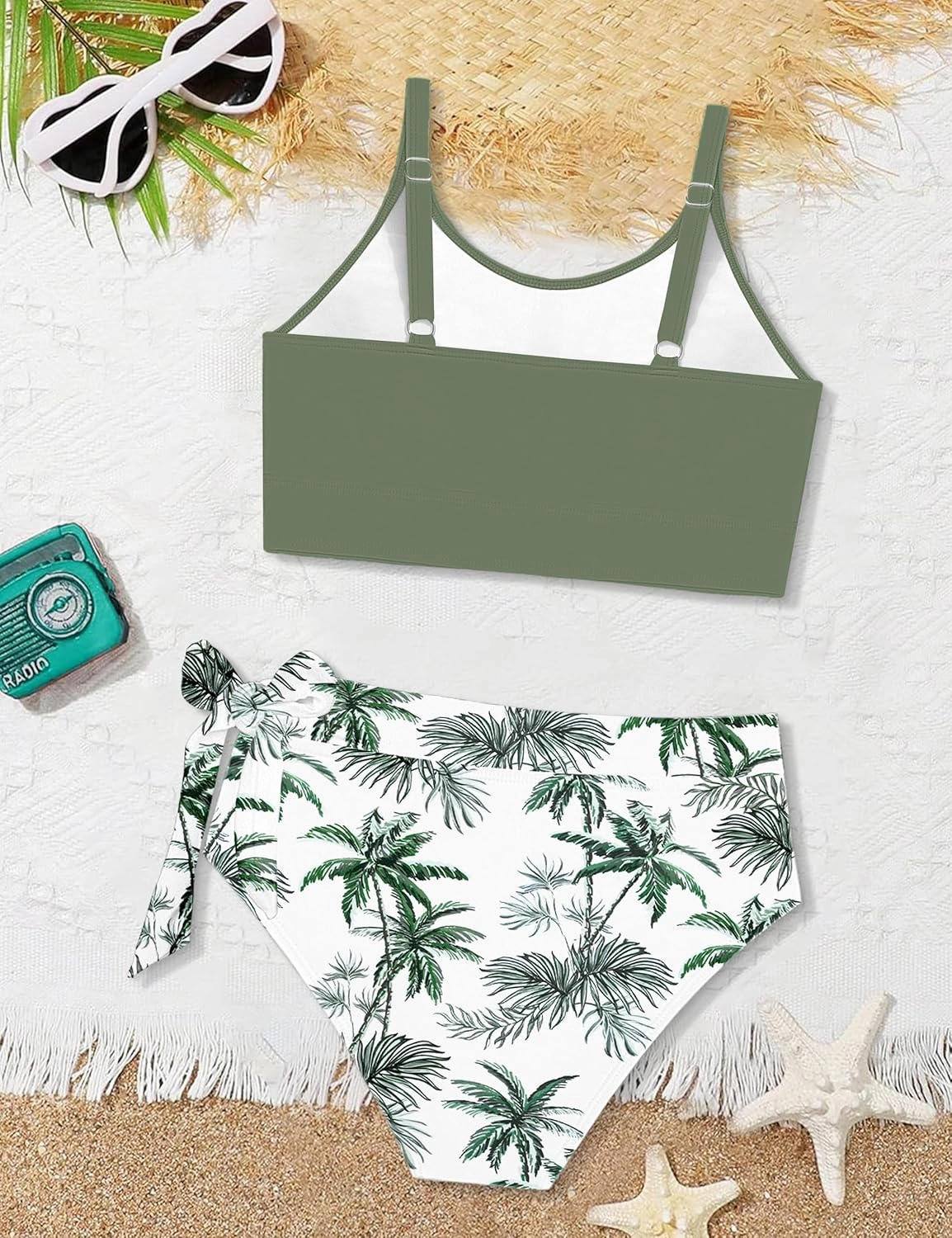 Girl Swimsuit Bikini Set Tropical Print Bathing Suit Two Piece Girls' Swimwear with Tie Side Knot 9-16T