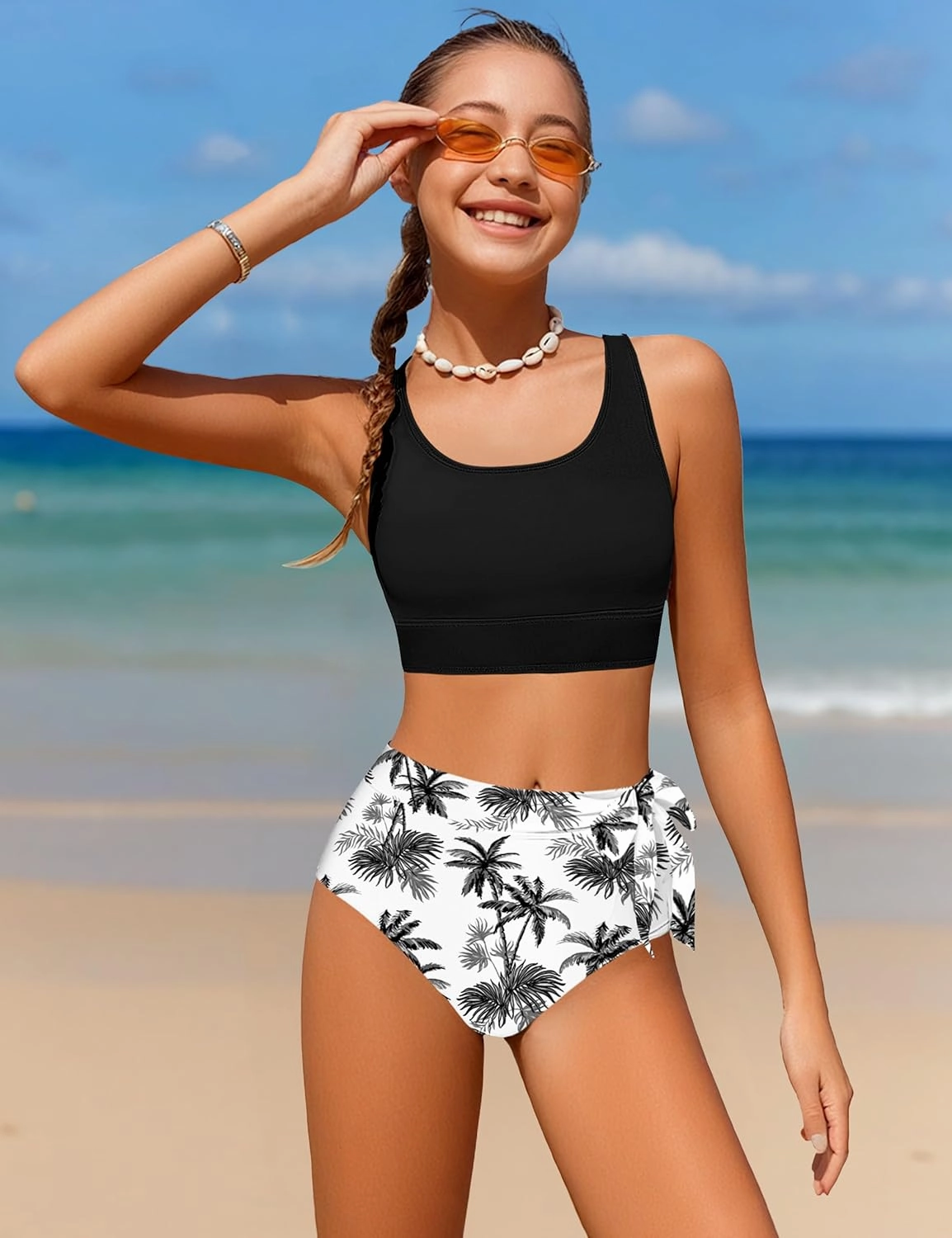 Girl Swimsuit Bikini Set Tropical Print Bathing Suit Two Piece Girls' Swimwear with Tie Side Knot 9-16T