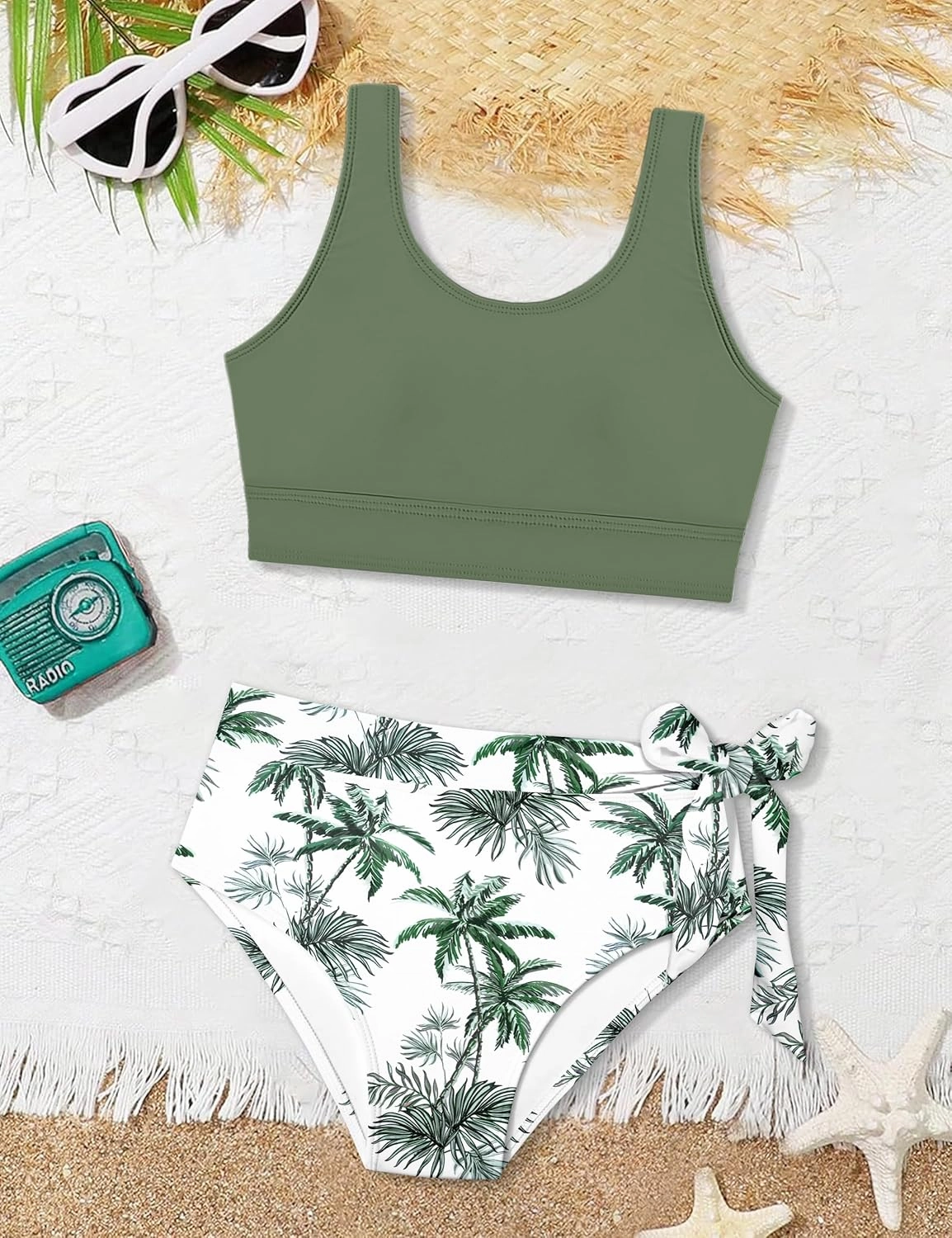 Girl Swimsuit Bikini Set Tropical Print Bathing Suit Two Piece Girls' Swimwear with Tie Side Knot 9-16T