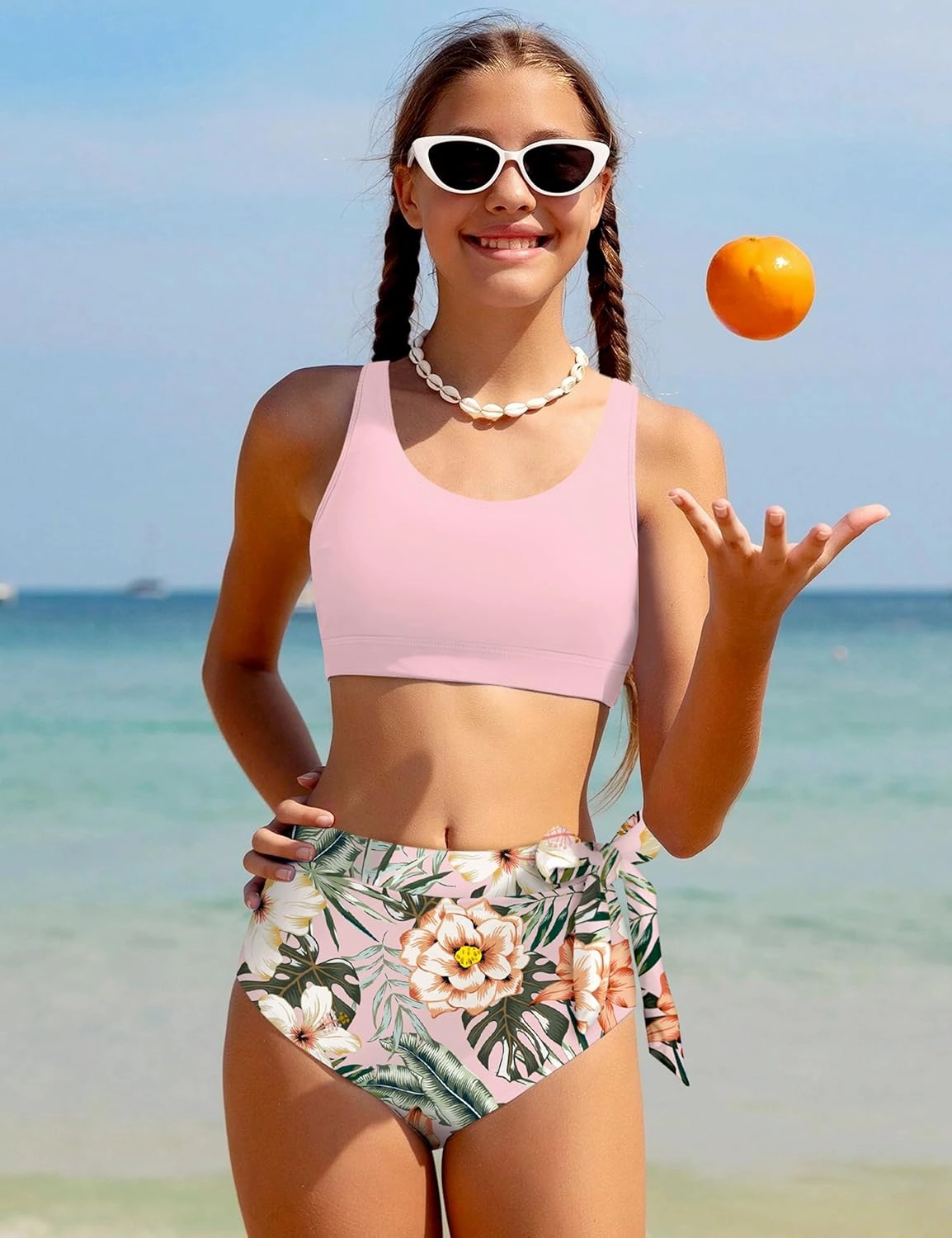 Girl Swimsuit Bikini Set Tropical Print Bathing Suit Two Piece Girls' Swimwear with Tie Side Knot 9-16T