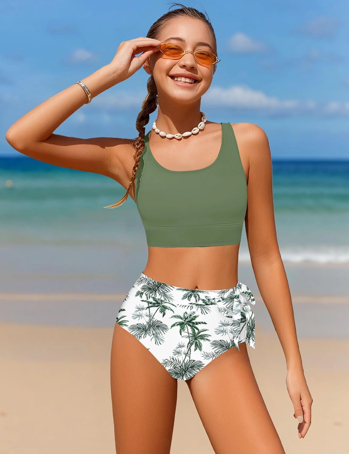 Girl Swimsuit Bikini Set Tropical Print Bathing Suit Two Piece Girls' Swimwear with Tie Side Knot 9-16T