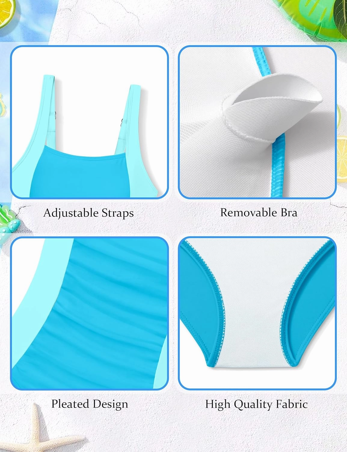 Girl Swimsuit One Piece Bathing Suit for Girls Solid Color Ruched Adjustable Straps Padded Swimwear 9-16y
