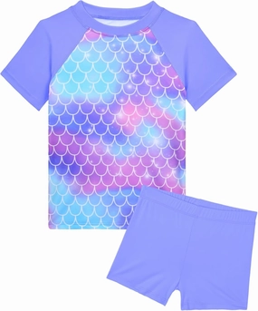 Girl Swimsuits 2 Pieces Multicolor Short Sleeve Quick Dry Durable Rash Guard Set with Shorts