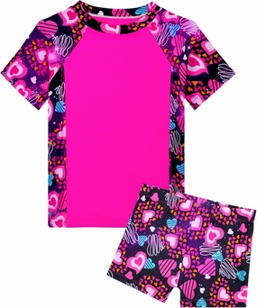 Girl Swimsuits 2 Pieces Multicolor Short Sleeve Quick Dry Durable Rash Guard Set with Shorts