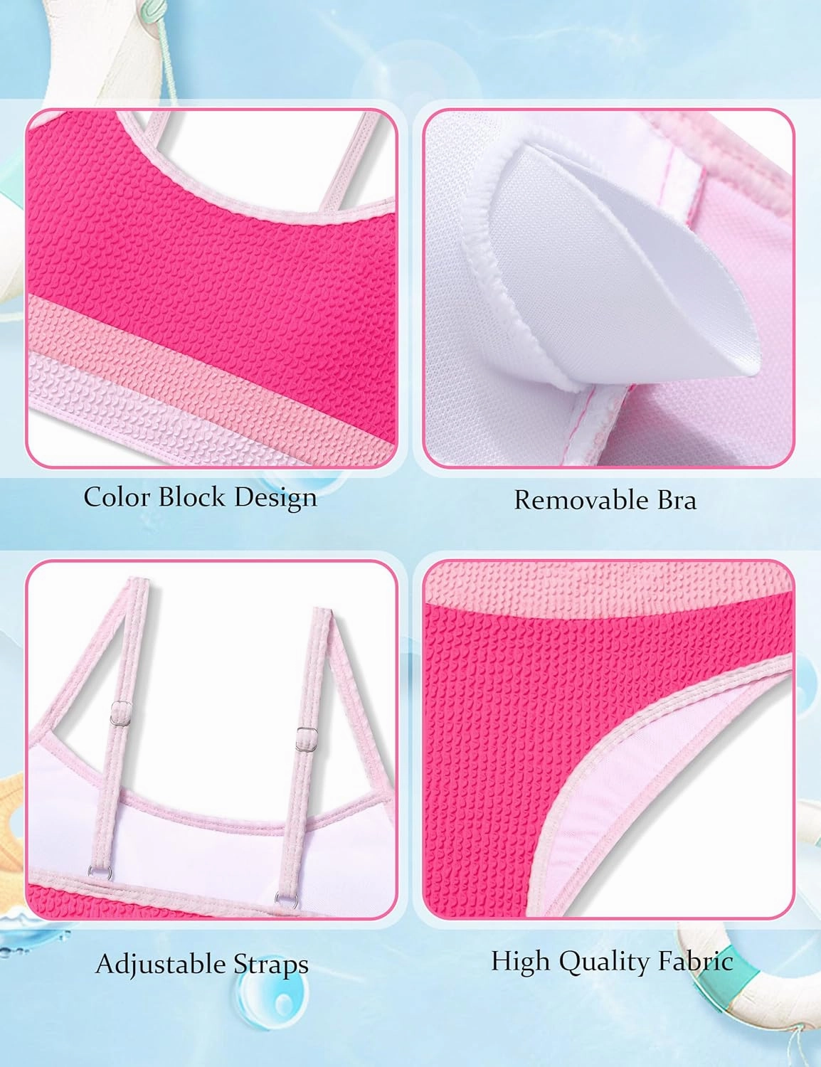 Girls Bathing Suit Color-Block Adjustable Straps Bikini Sets Girls Two Piece Swimsuits with Chest Pad Swimwear 7-18T