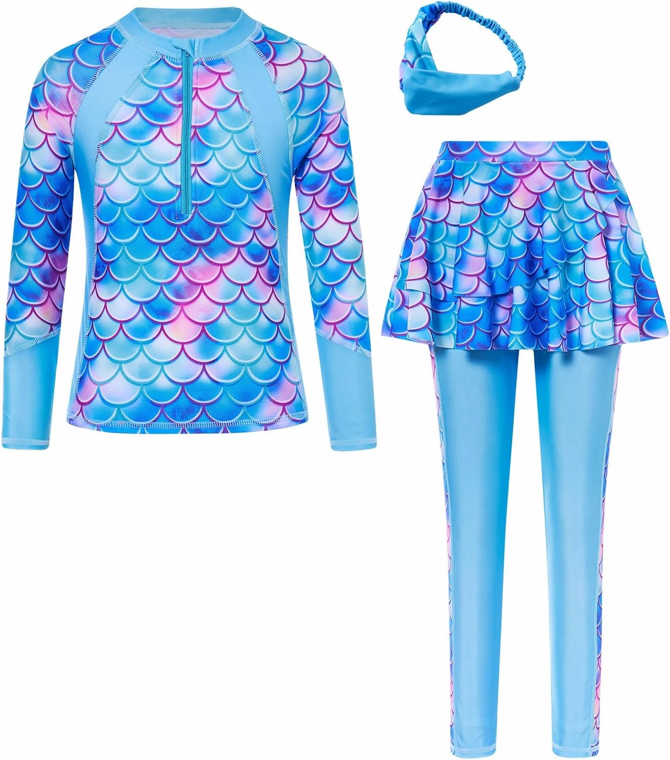 Girls Long Sleeve Rashguard Half Zip Swimsuits UPF 50  Two Piece Swim Sets with Hairband 5-12Y