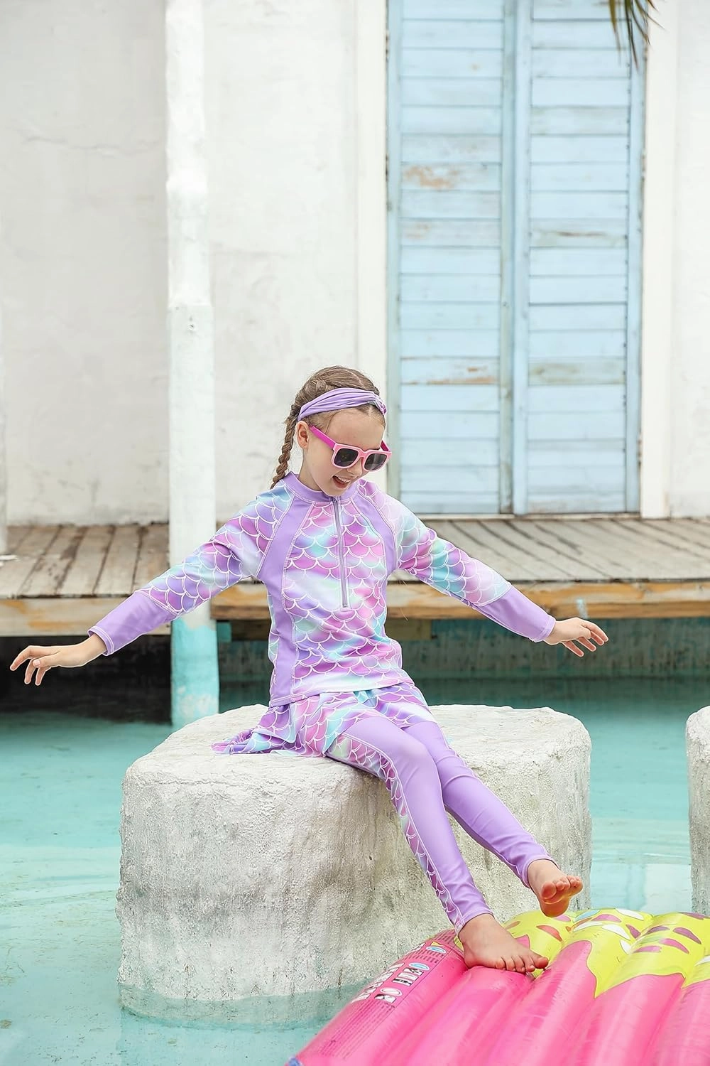 Girls Long Sleeve Rashguard Half Zip Swimsuits UPF 50  Two Piece Swim Sets with Hairband 5-12Y