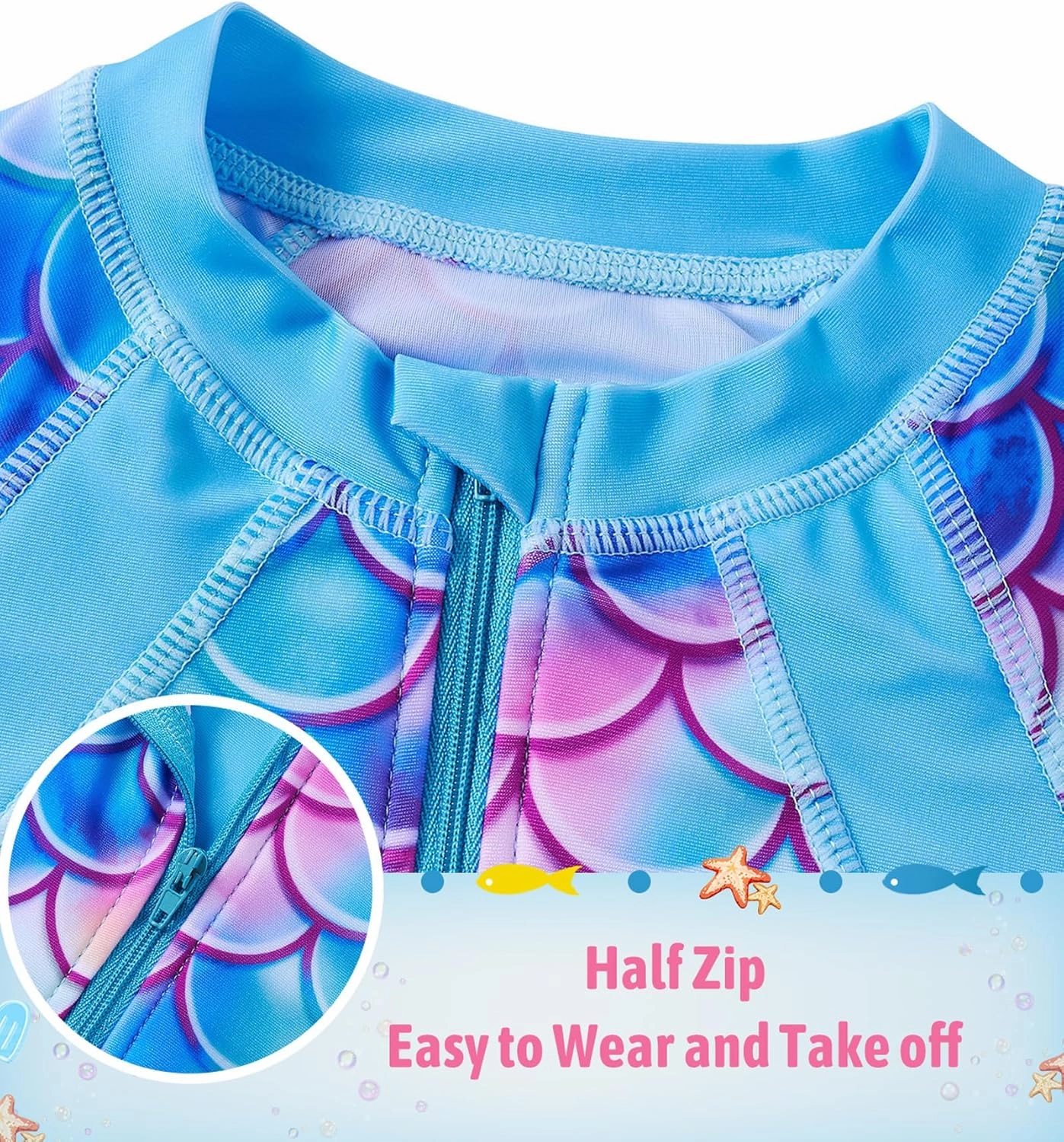 Girls Long Sleeve Rashguard Half Zip Swimsuits UPF 50  Two Piece Swim Sets with Hairband 5-12Y