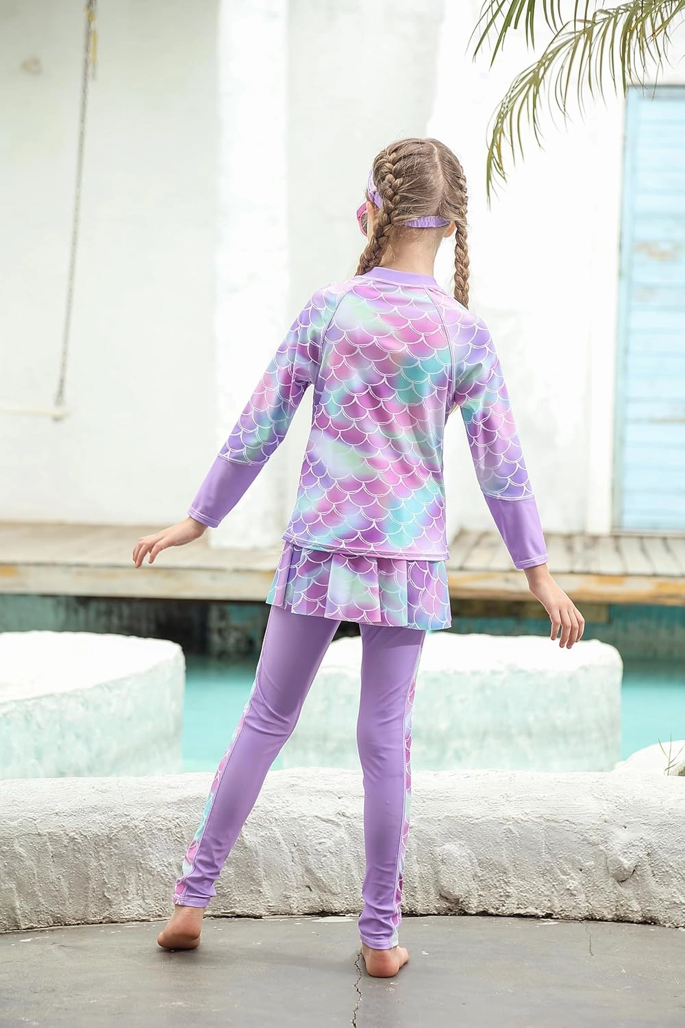 Girls Long Sleeve Rashguard Half Zip Swimsuits UPF 50  Two Piece Swim Sets with Hairband 5-12Y