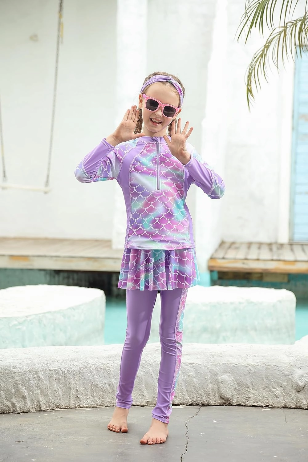Girls Long Sleeve Rashguard Half Zip Swimsuits UPF 50  Two Piece Swim Sets with Hairband 5-12Y