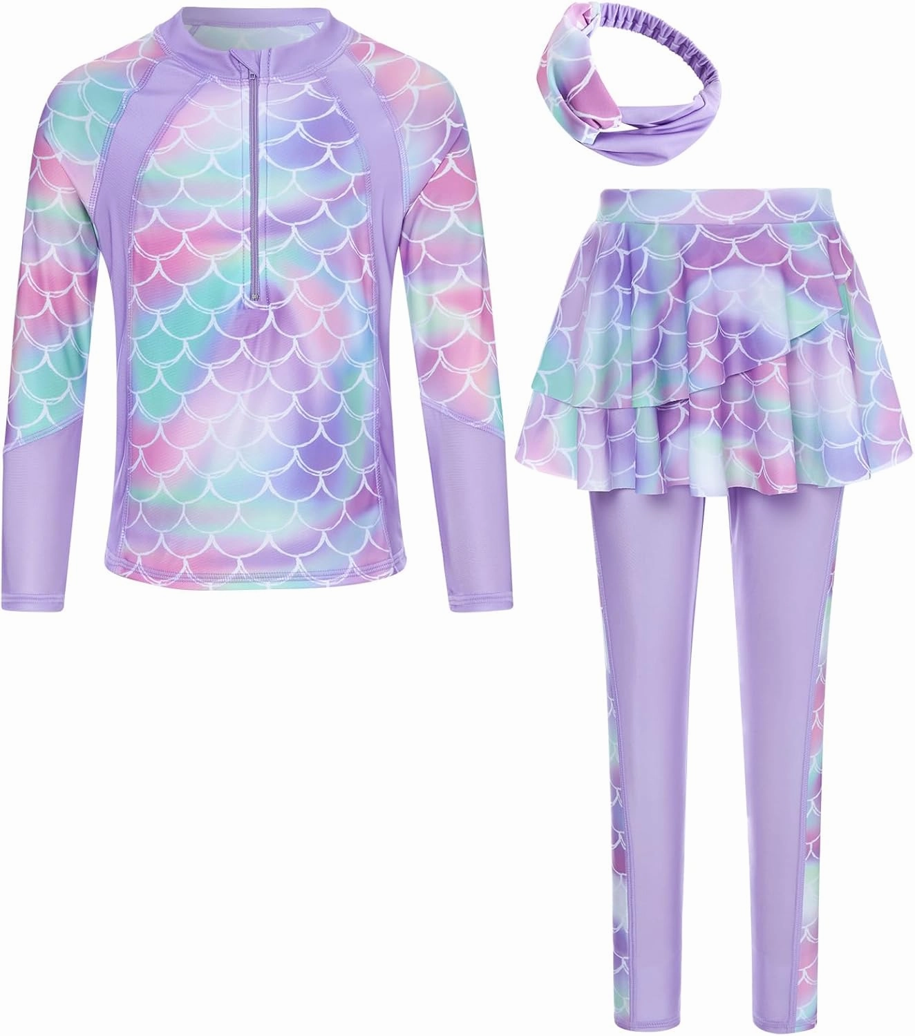 Girls Long Sleeve Rashguard Half Zip Swimsuits UPF 50  Two Piece Swim Sets with Hairband 5-12Y