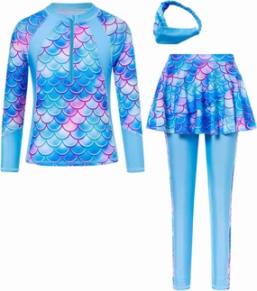 Girls Long Sleeve Rashguard Half Zip Swimsuits UPF 50  Two Piece Swim Sets with Hairband 5-12Y